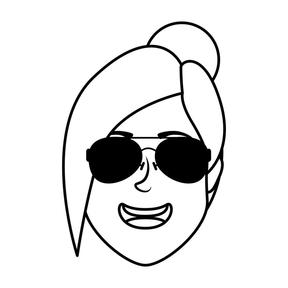 Linda cabeza de mujer joven con personaje de gafas de sol vector