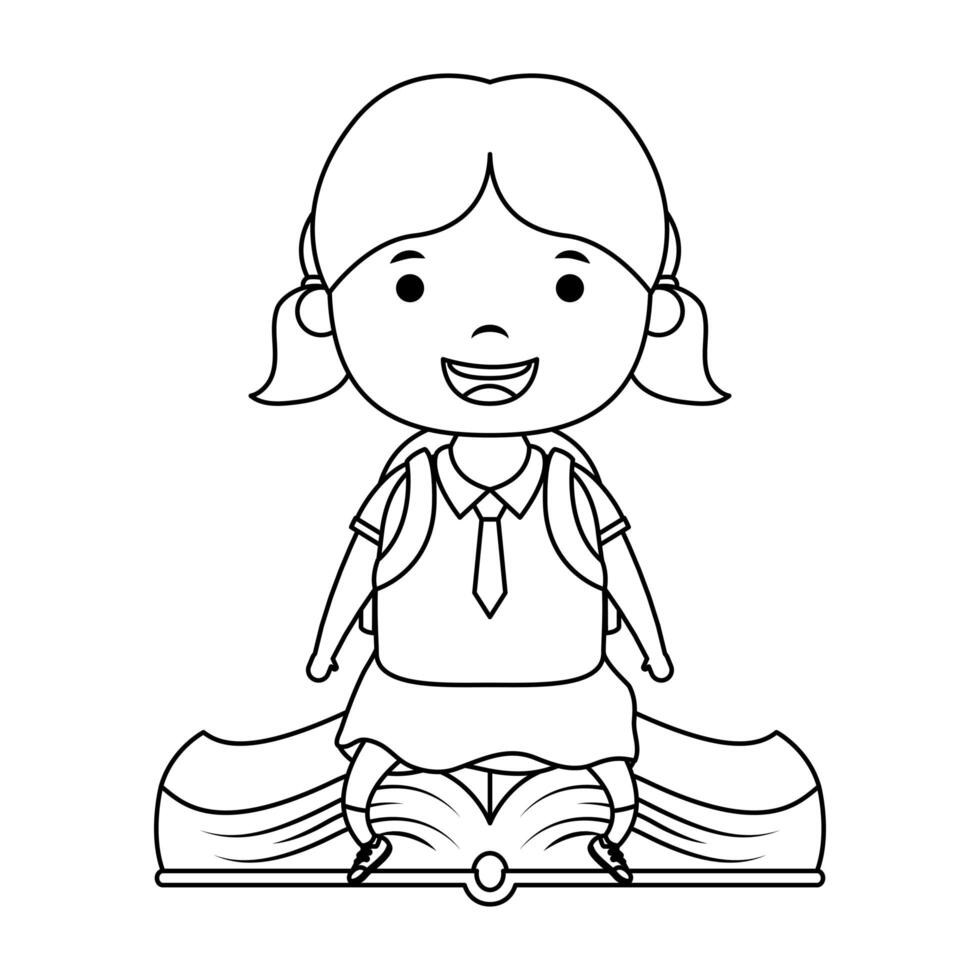 cute little student girl seated in book character vector