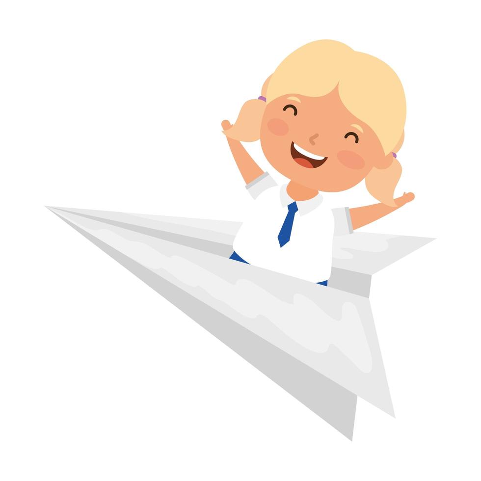 cute little student blond girl with paper airplane vector