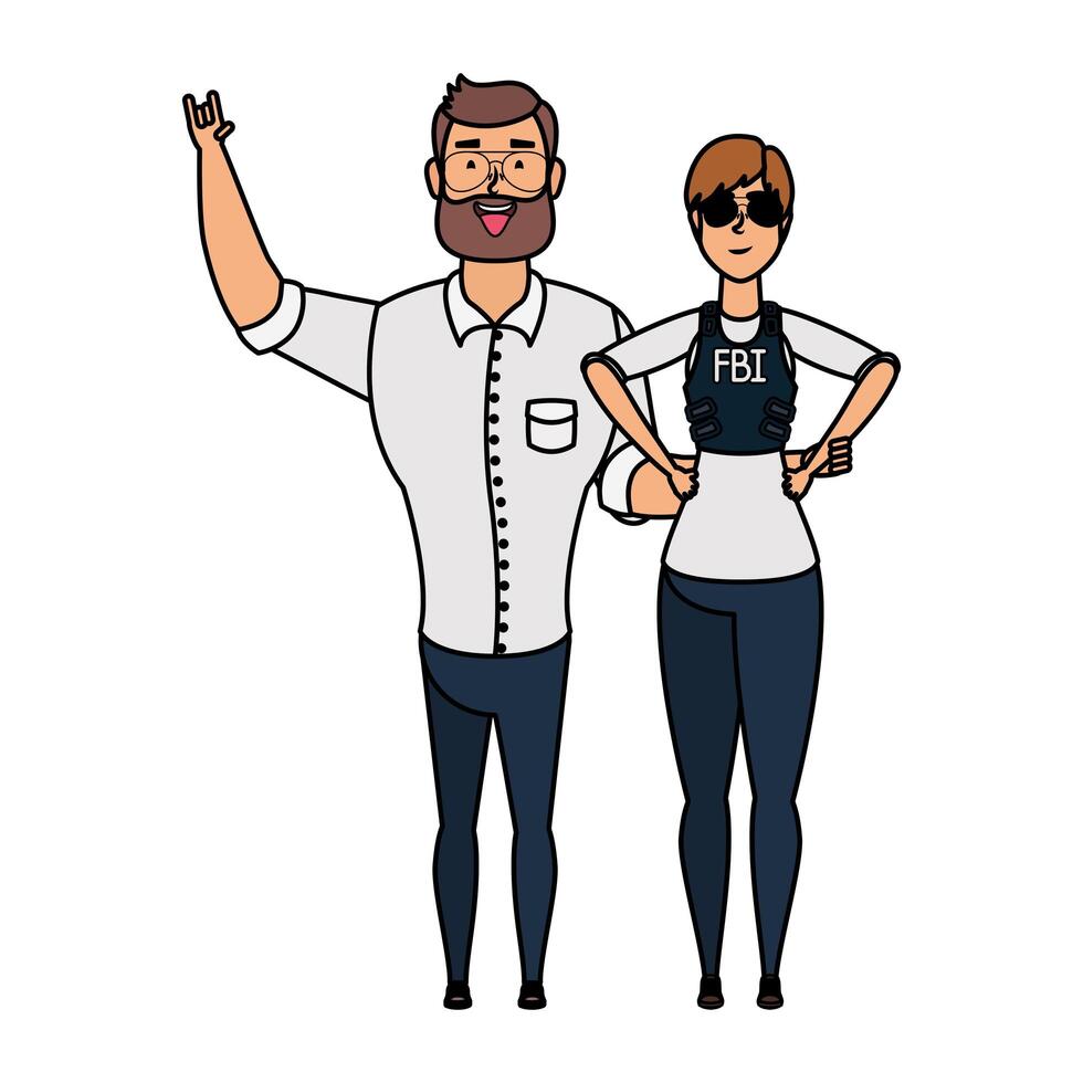 young man bearded with fbi female agent vector