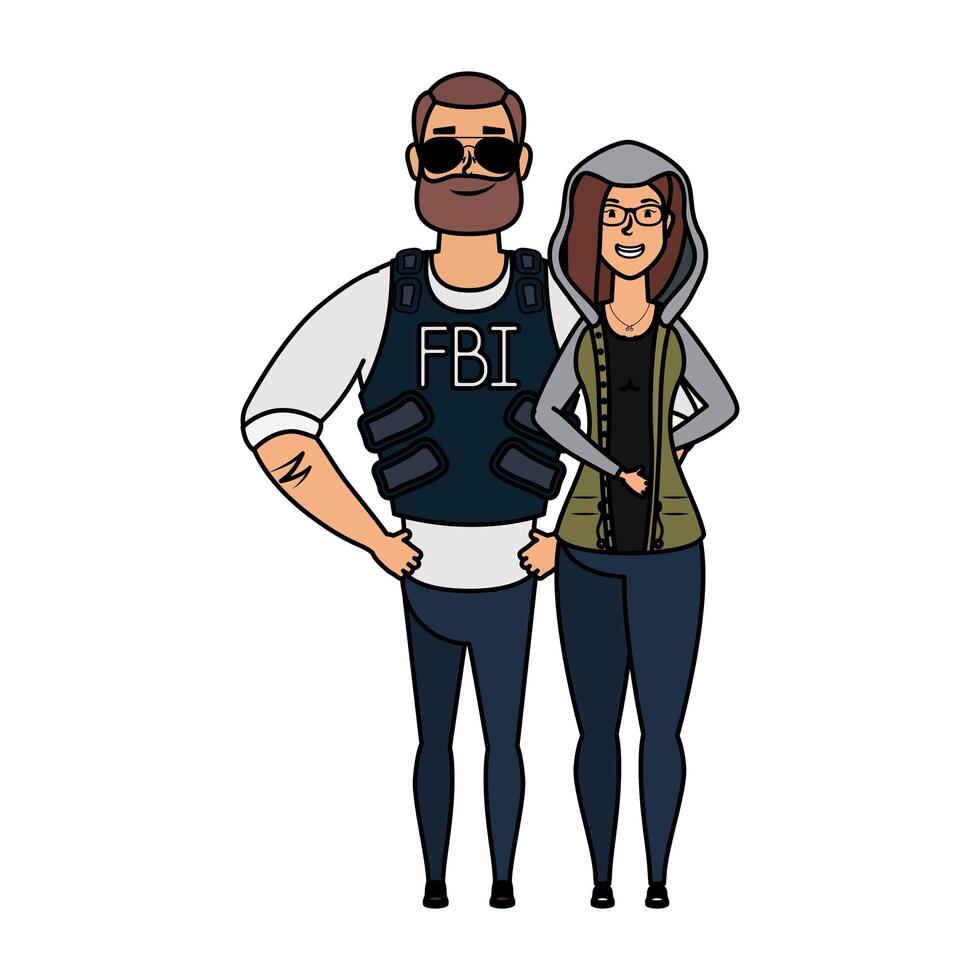 young man fbi agent with woman characters vector