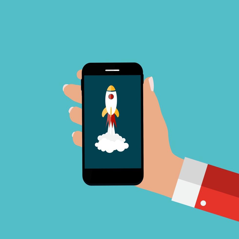 Hand with Abstract Mobile Phone and Rocket as Start Up. Template in Modern Flat Style Vector Illustration