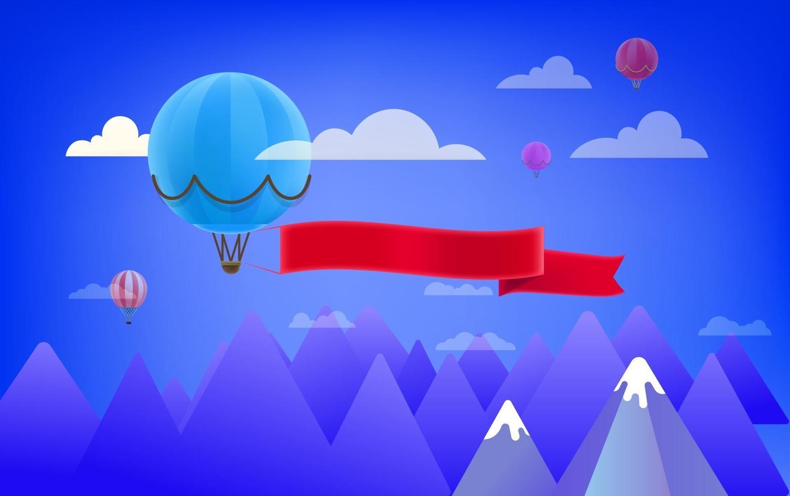 Globo de aire rojo con una gran pancarta publicitaria en un cielo por encima de las montañas. Ilustración de vector 3d de estilo de dibujos animados