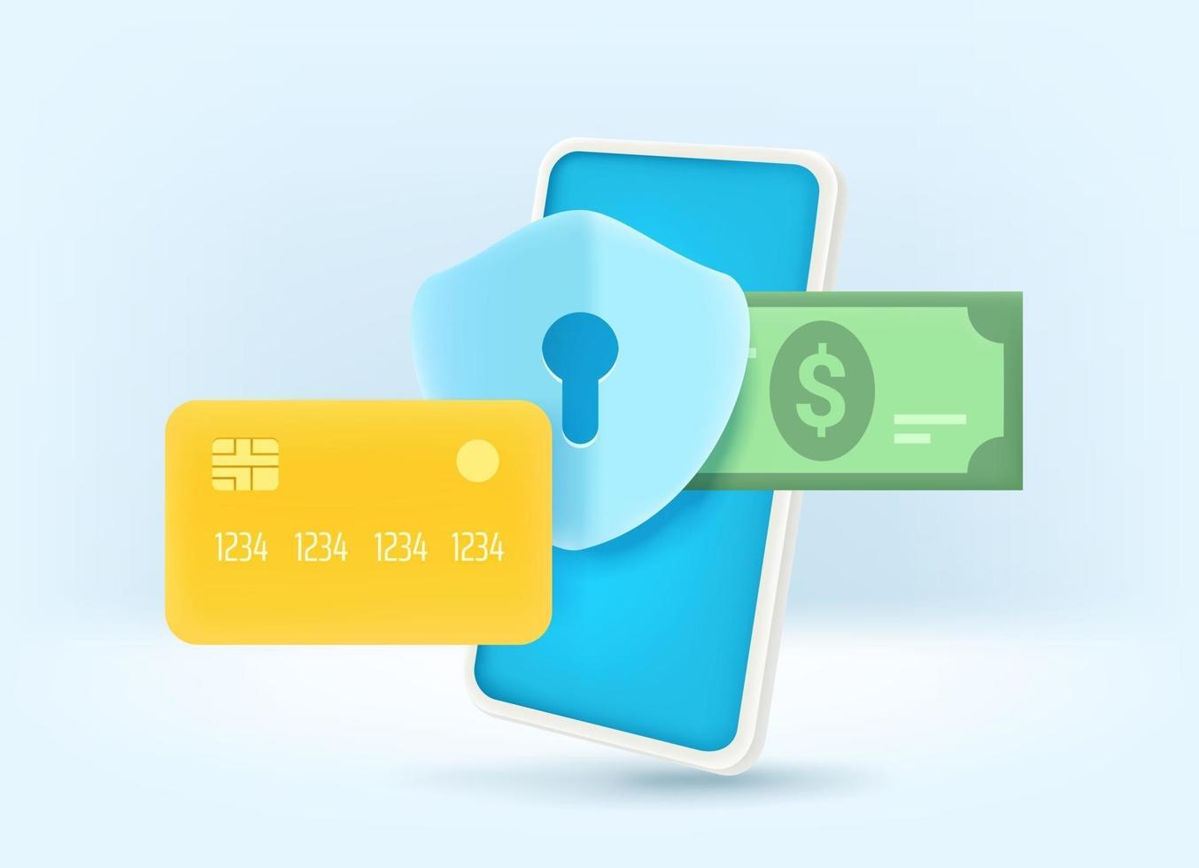 Secure payment via mobile application. 3d style vector illustration