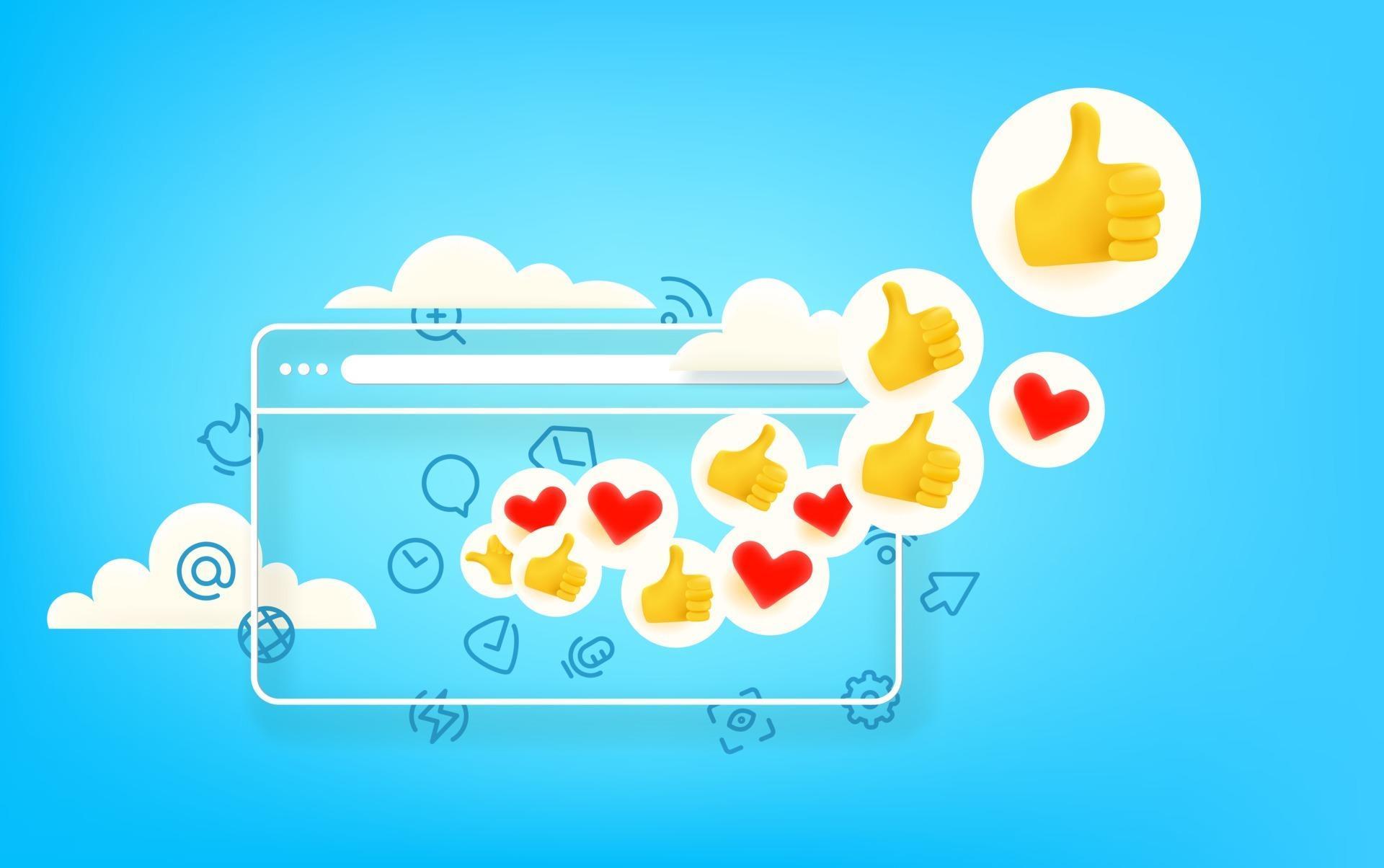 Social media reaction. Concept with cute 3d style and doodle vector