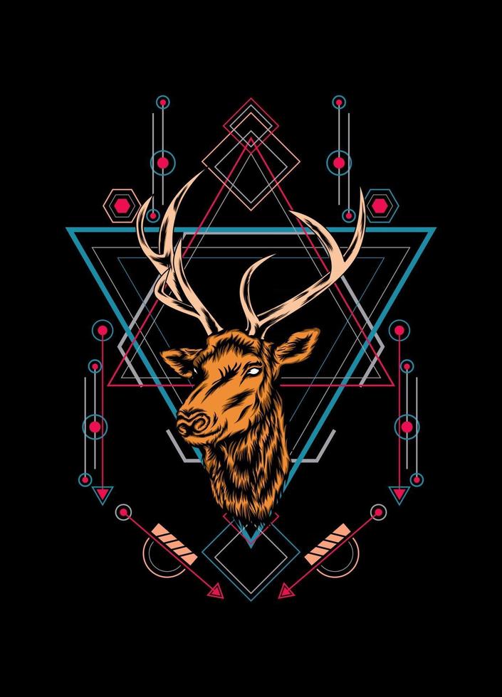 Cabeza de ciervo con patrón de geometría sagrada sobre fondo negro vector