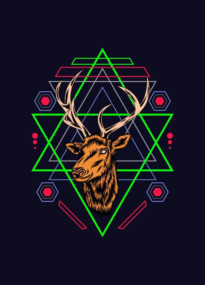 Cabeza de ciervo con patrón de geometría sagrada sobre fondo negro vector