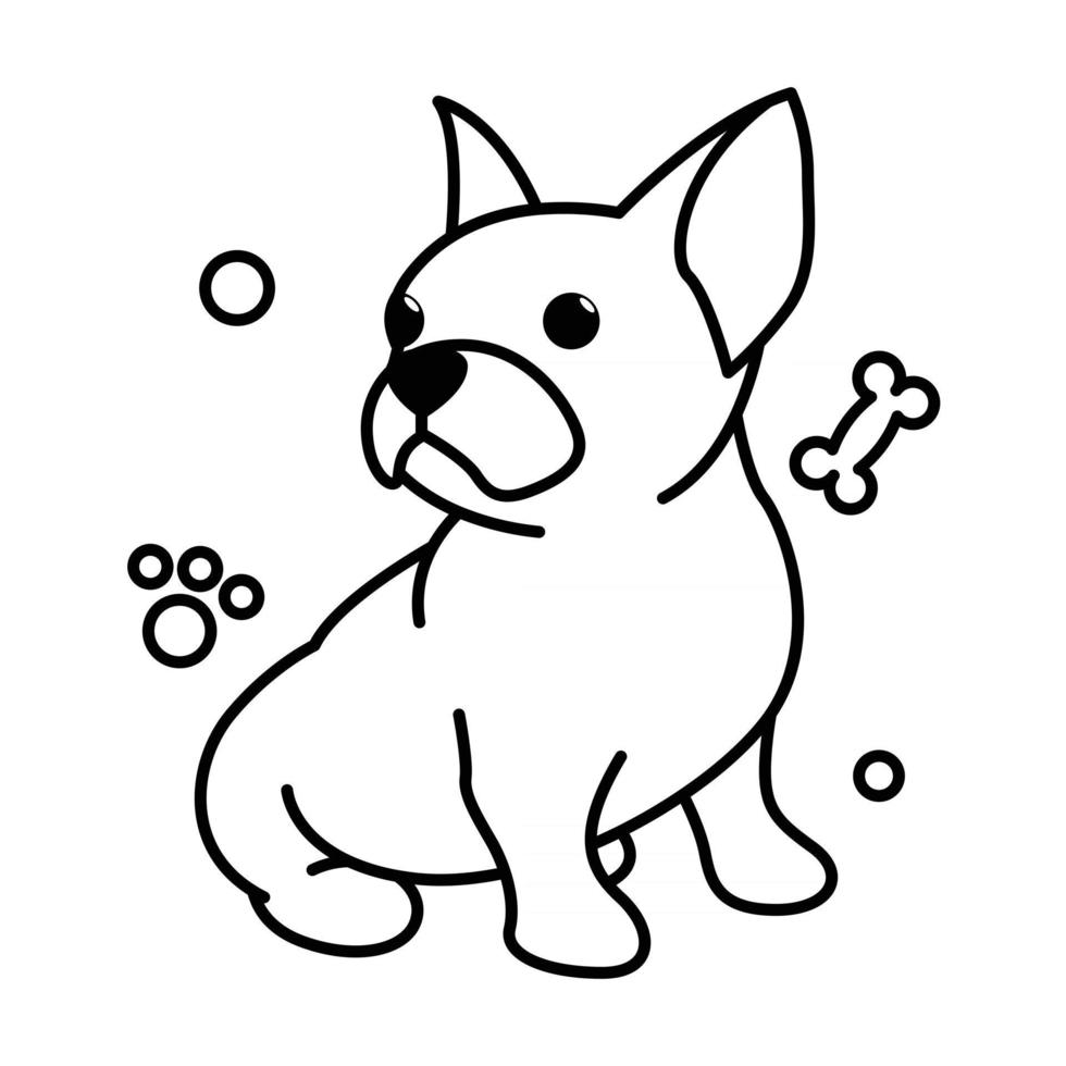 Dibujos animados de ilustración de vector de línea negra sobre un fondo blanco de un lindo bulldog francés.