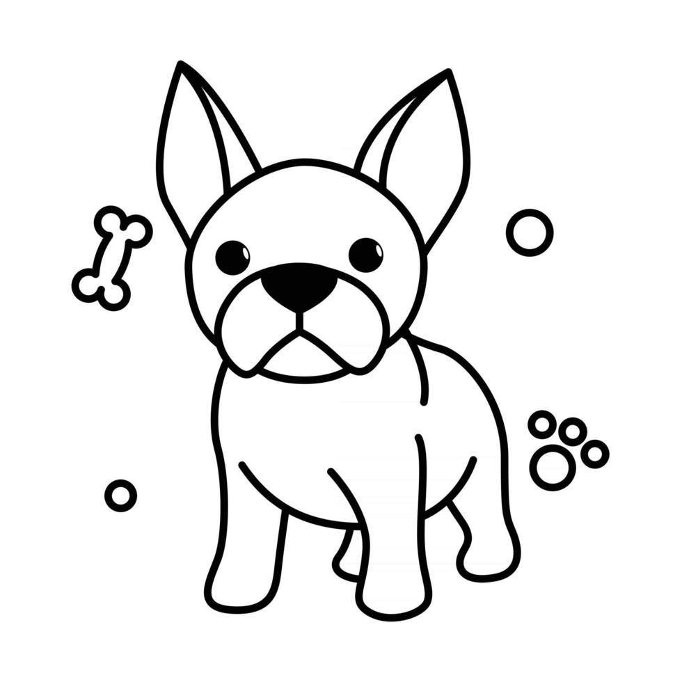 Dibujos animados de ilustración de vector de línea negra sobre un fondo blanco de un lindo bulldog francés.