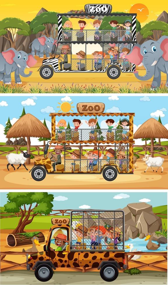 Conjunto de diferentes escenas horizontales de safari con personajes de dibujos animados de animales y niños vector