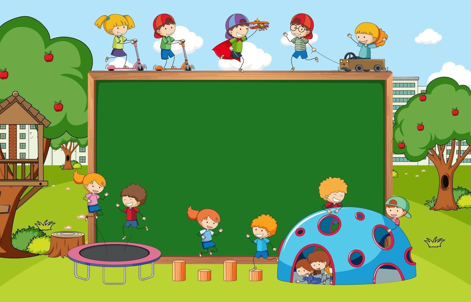 Playground scene with empty blackboard and many kids doodle cartoon character vector