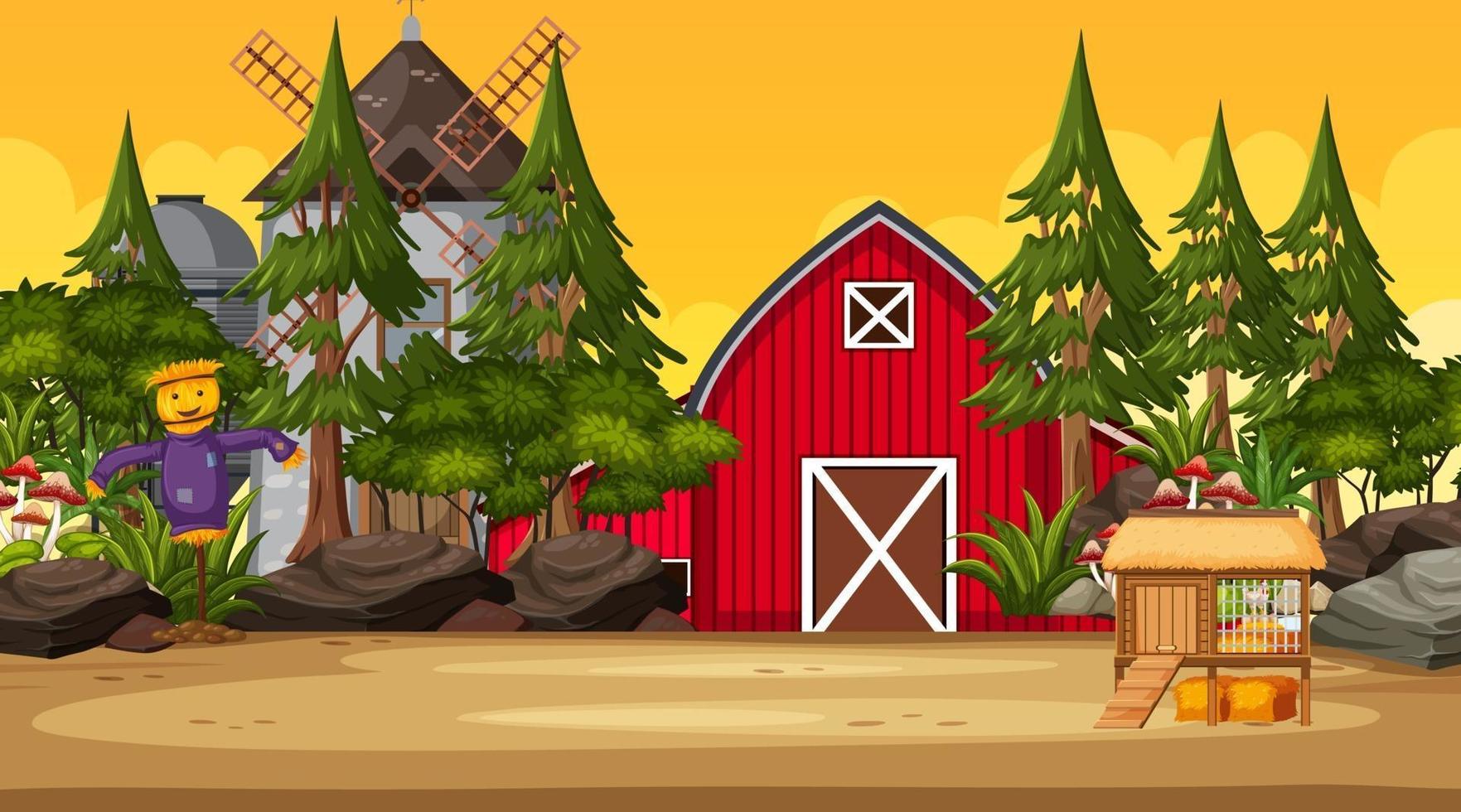 Empty farm at sunset time scene with red barn and windmill vector