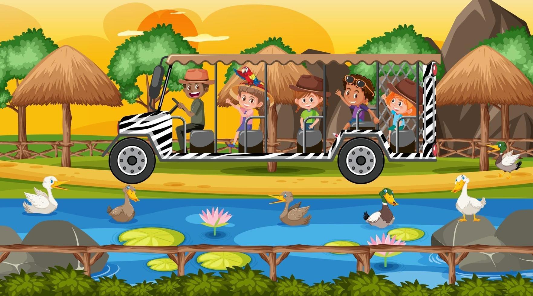 Safari at sunset scene with kids watching duck group vector