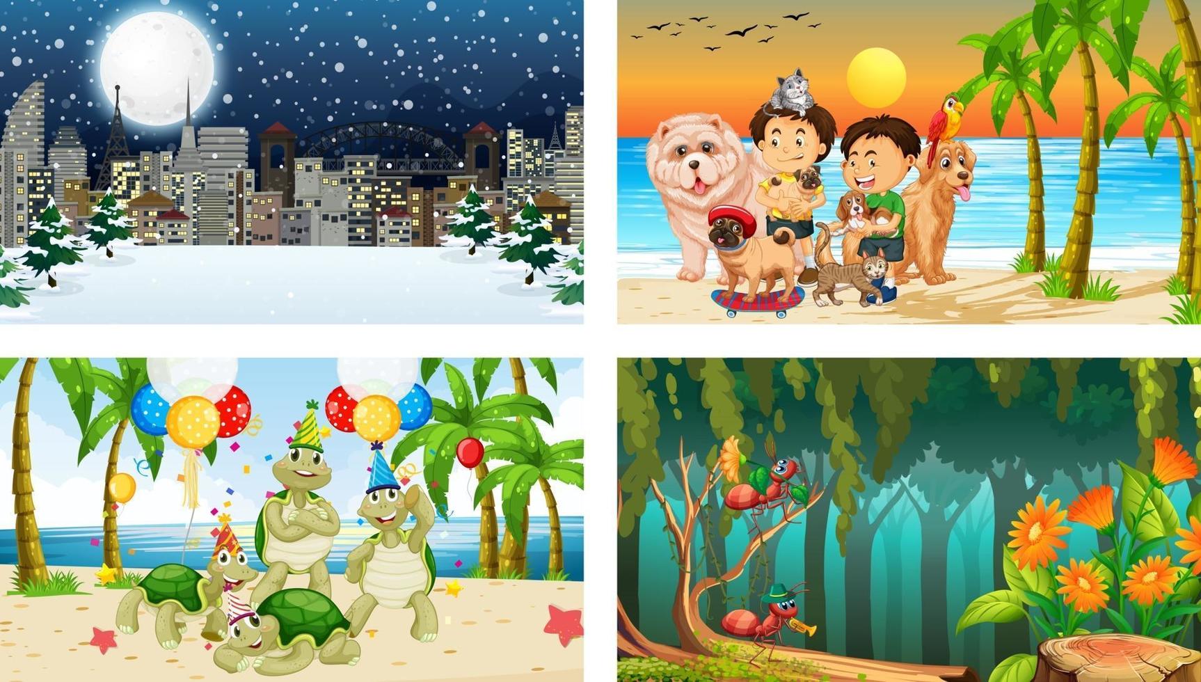 Four different scenes with children cartoon character vector