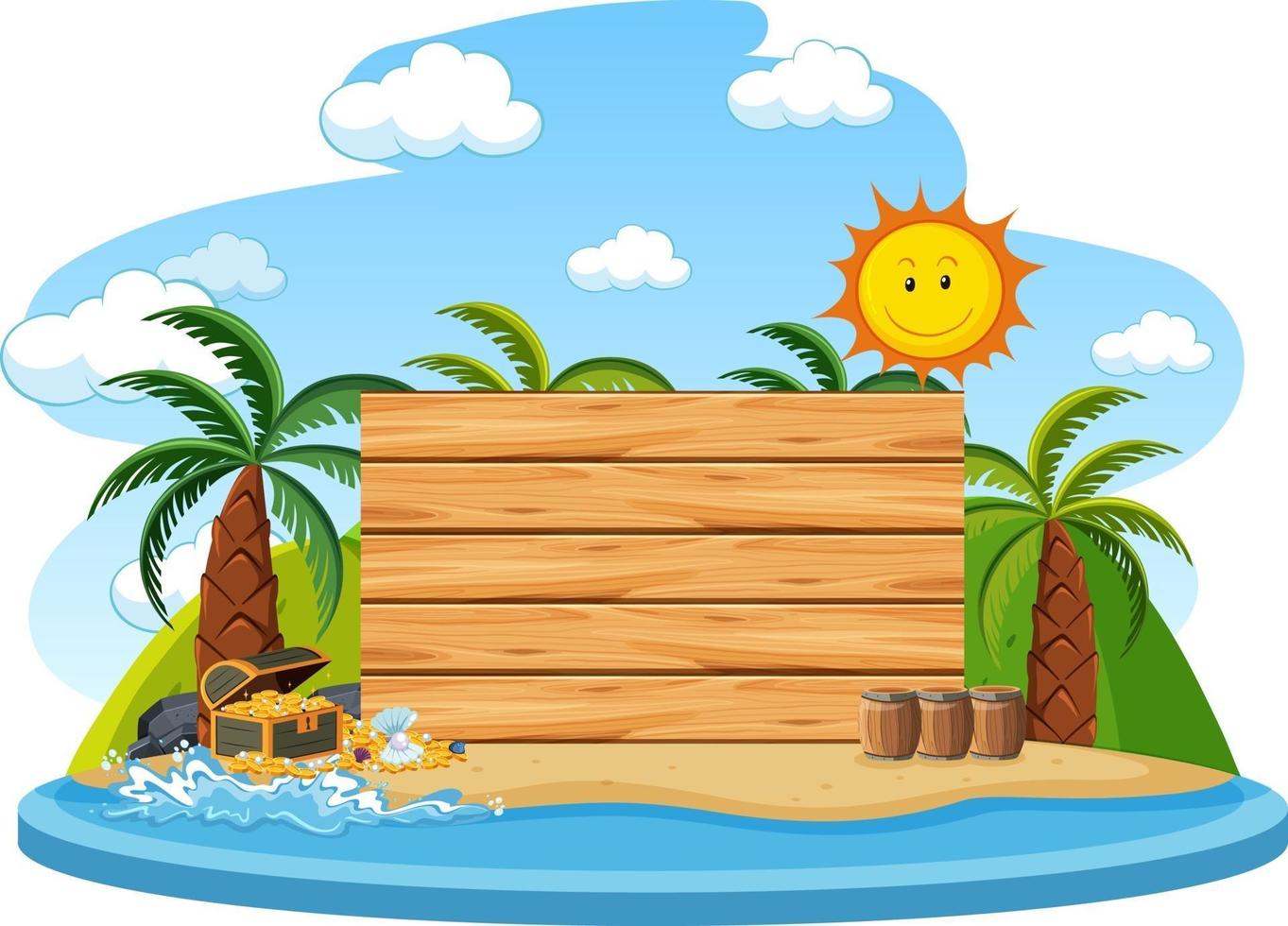 Plantilla de banner de madera vacía con elemento de playa de verano sobre fondo blanco vector