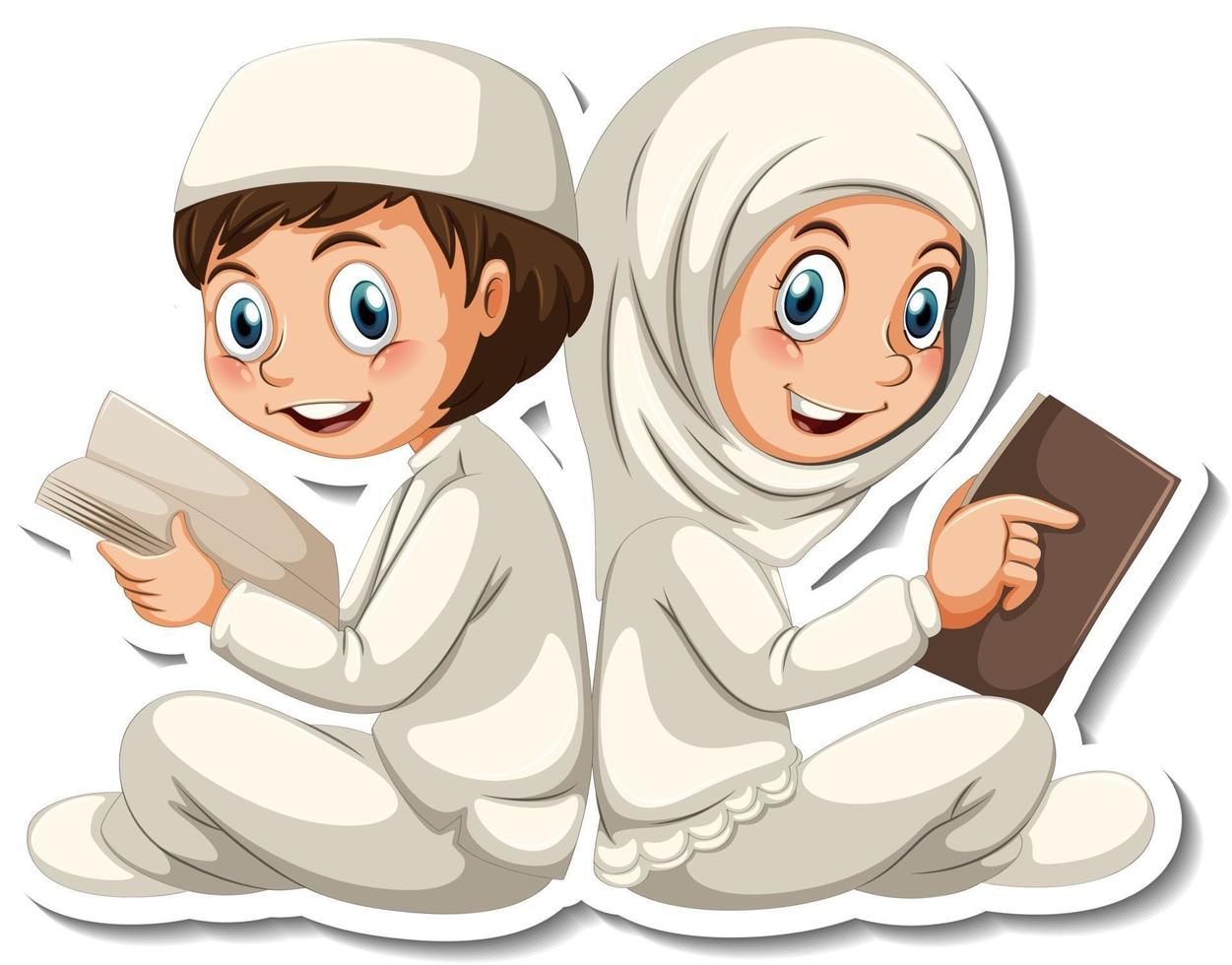 una plantilla de pegatina con un libro de lectura para niños y niñas musulmanes vector