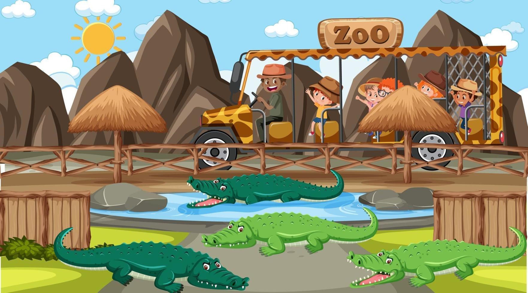 Safari at day time scene with many kids watching alligator group vector