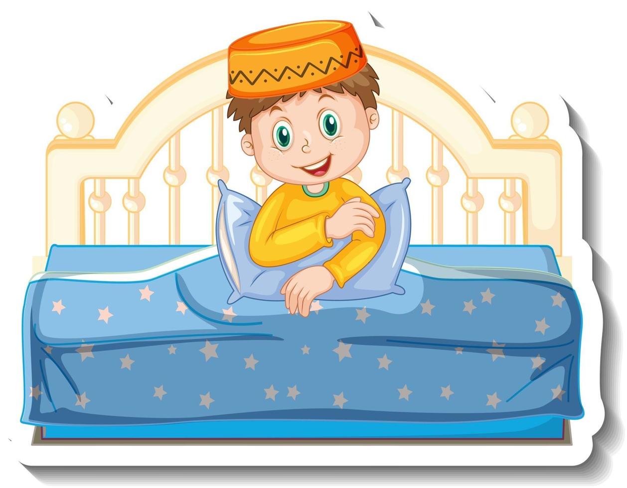 A sticker template with muslim boy sitting on the bed vector