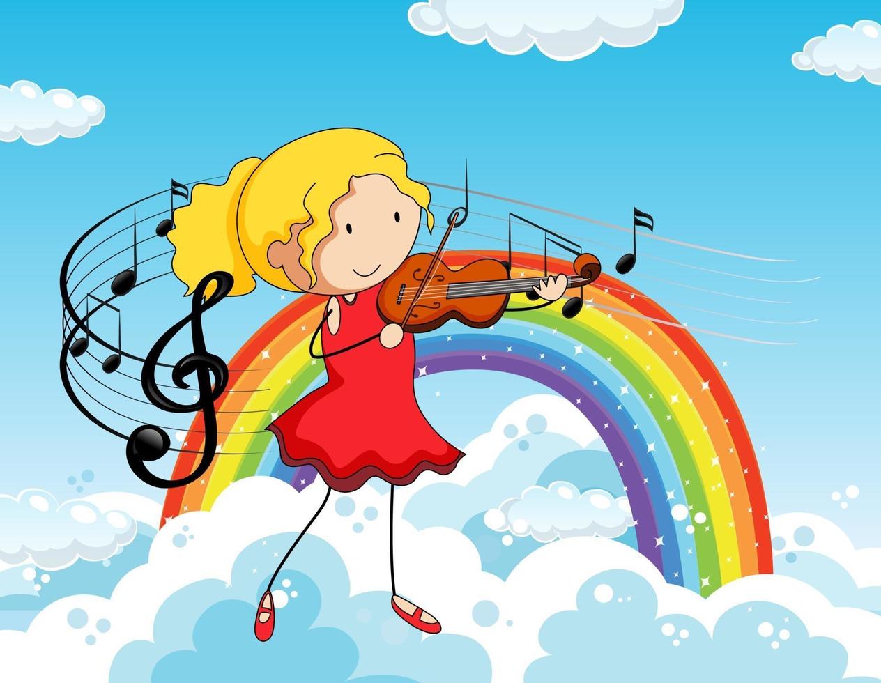 Cartoon doodle a girl playing violin with rainbow in the sky vector