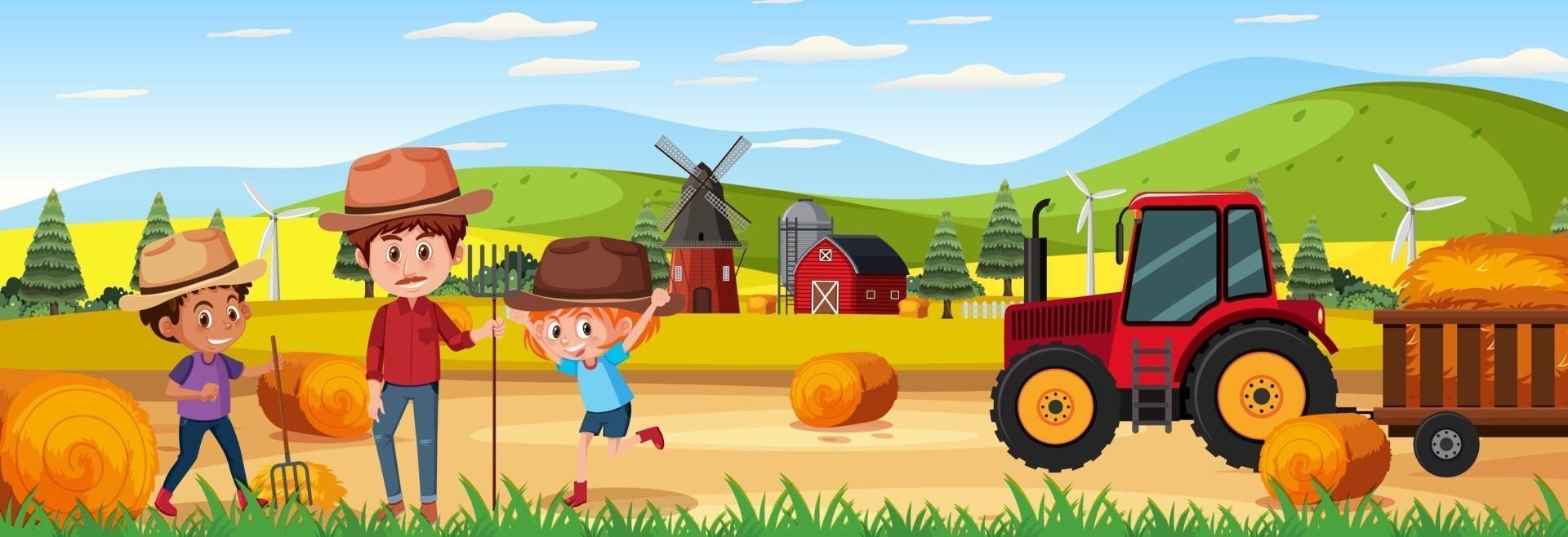 Farm horizontal landscape scene with farmer kids vector