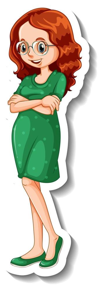 A sticker template with a woman wearing green dress in standing pose vector