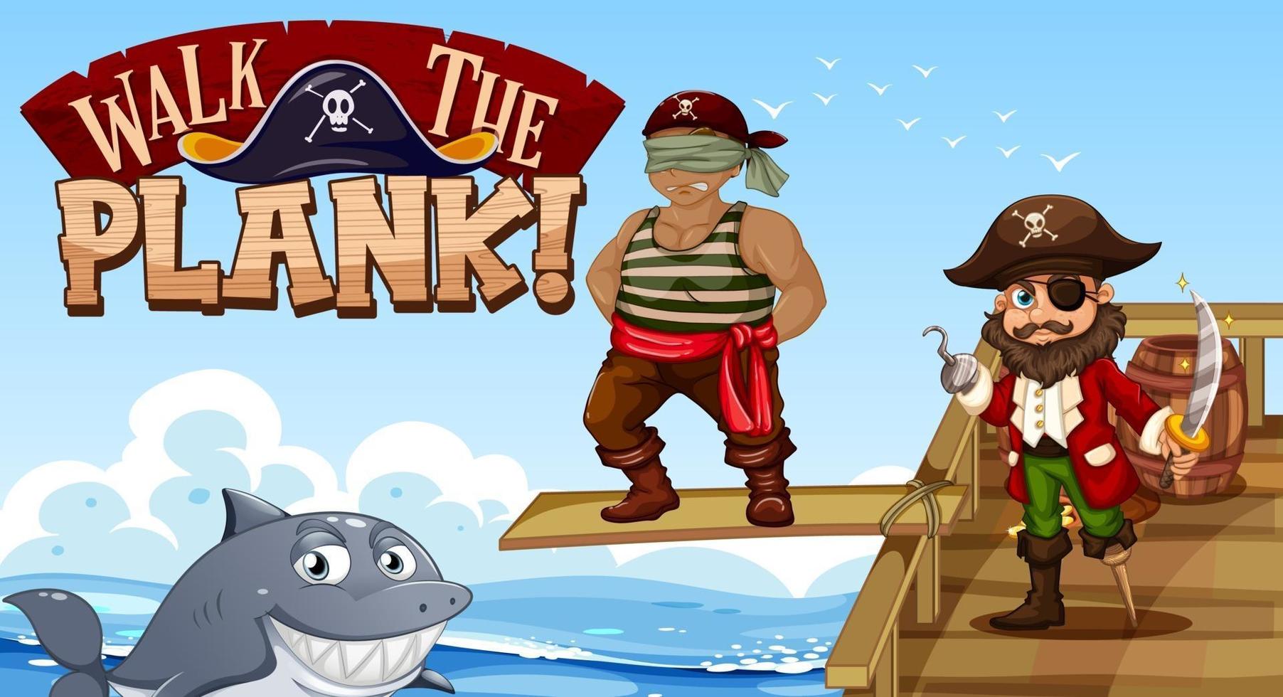 Walk The Plank font banner with Captain Hook cartoon character vector