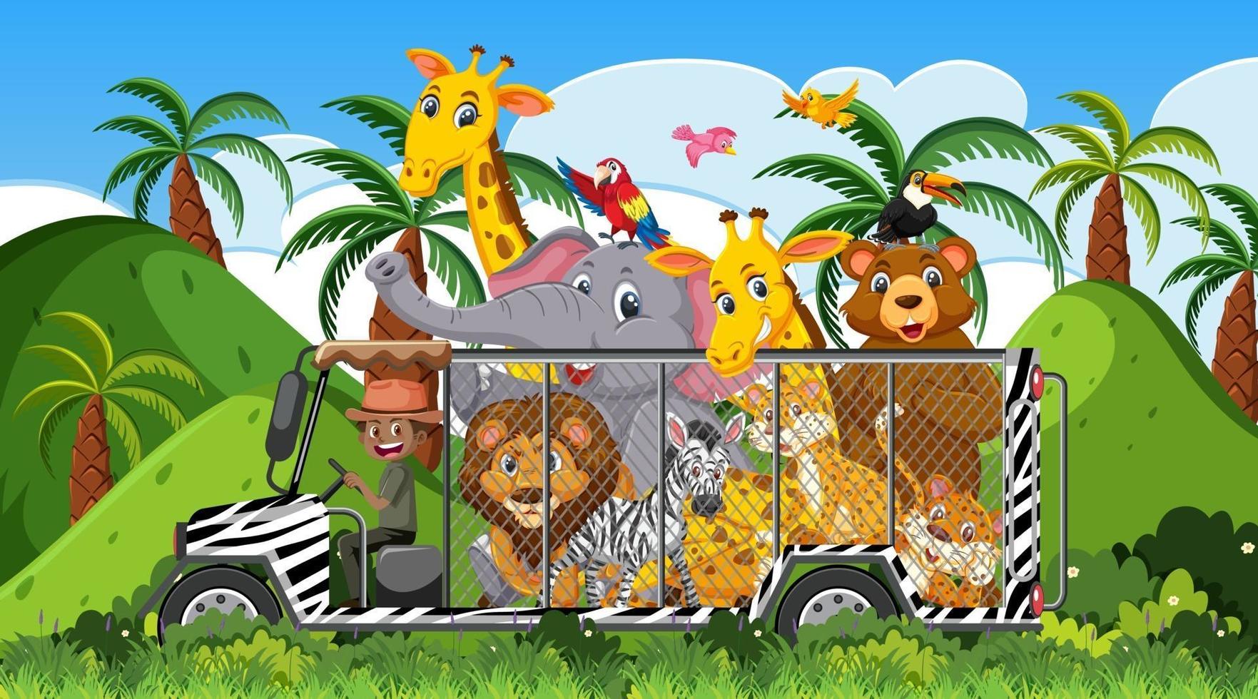 Safari scene with wild animals in the cage car vector