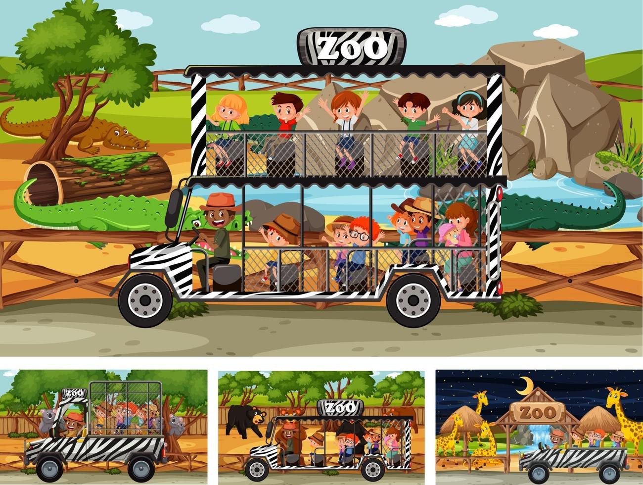 Different safari scenes with animals and kids cartoon character vector