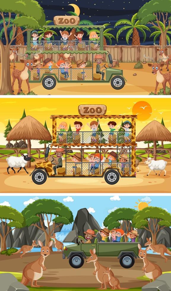 Set of different safari horizontal scenes with animals and kids cartoon character vector