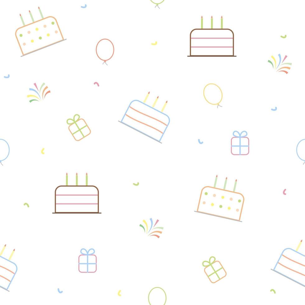 Fondo de feliz cumpleaños con tortas, globos, caja de regalo y abeto vector