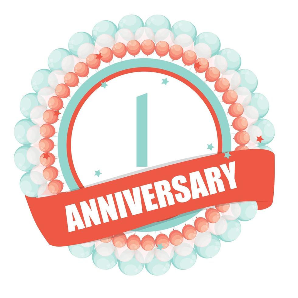 Cute Template 1 Years Anniversary with Balloons and Ribbon Vector Illustration