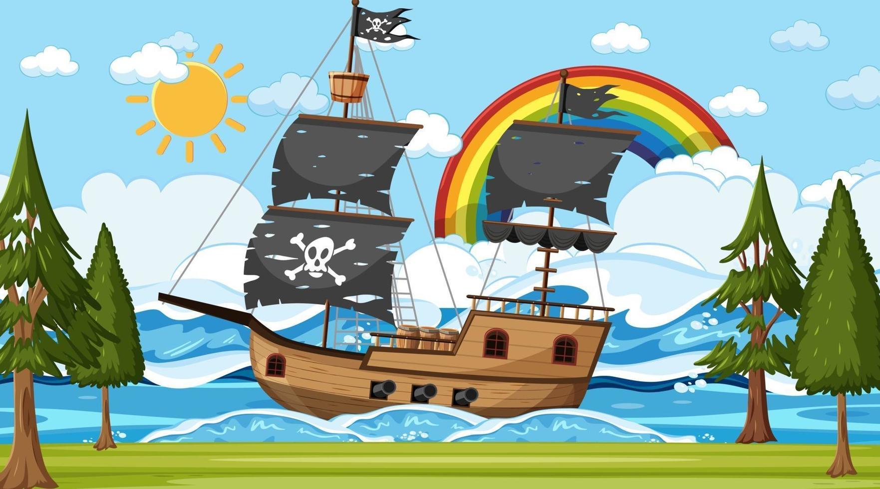 Ocean with Pirate ship at day time scene in cartoon style vector