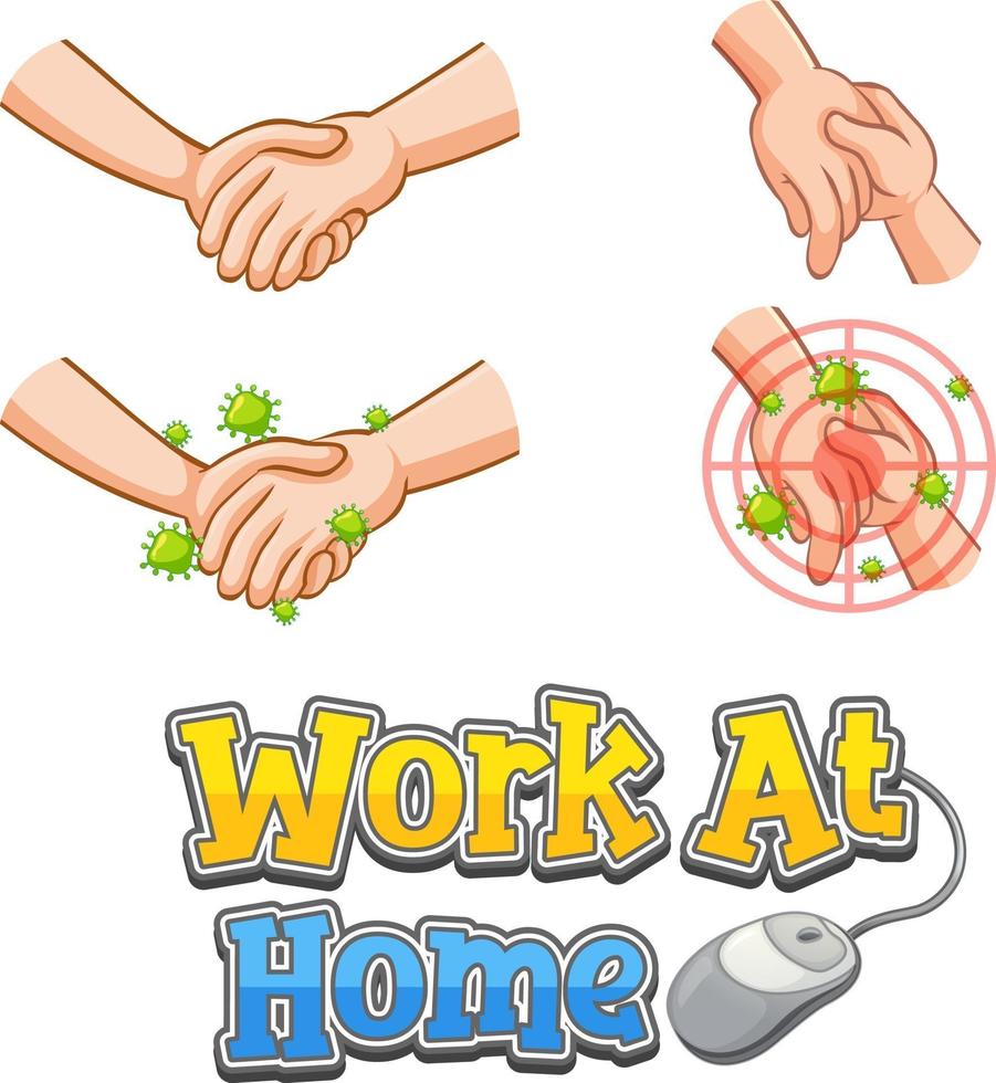 Work At Home font design with virus spreads from shaking hands on white background vector