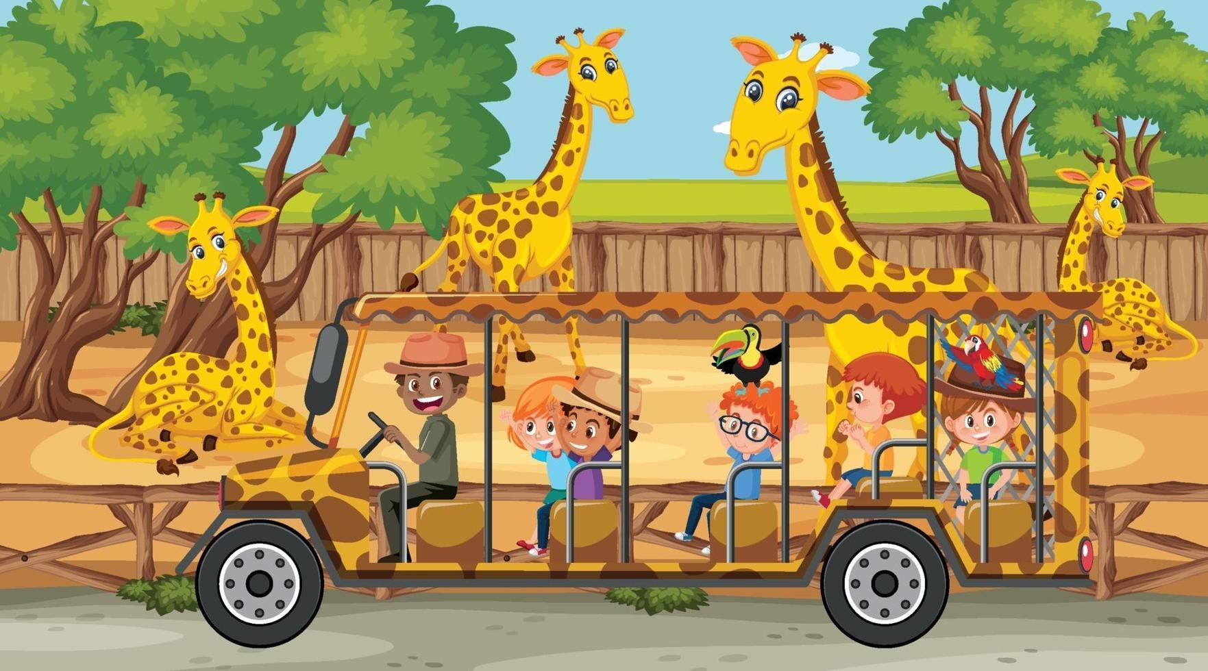 Safari scene with children watching giraffe group vector