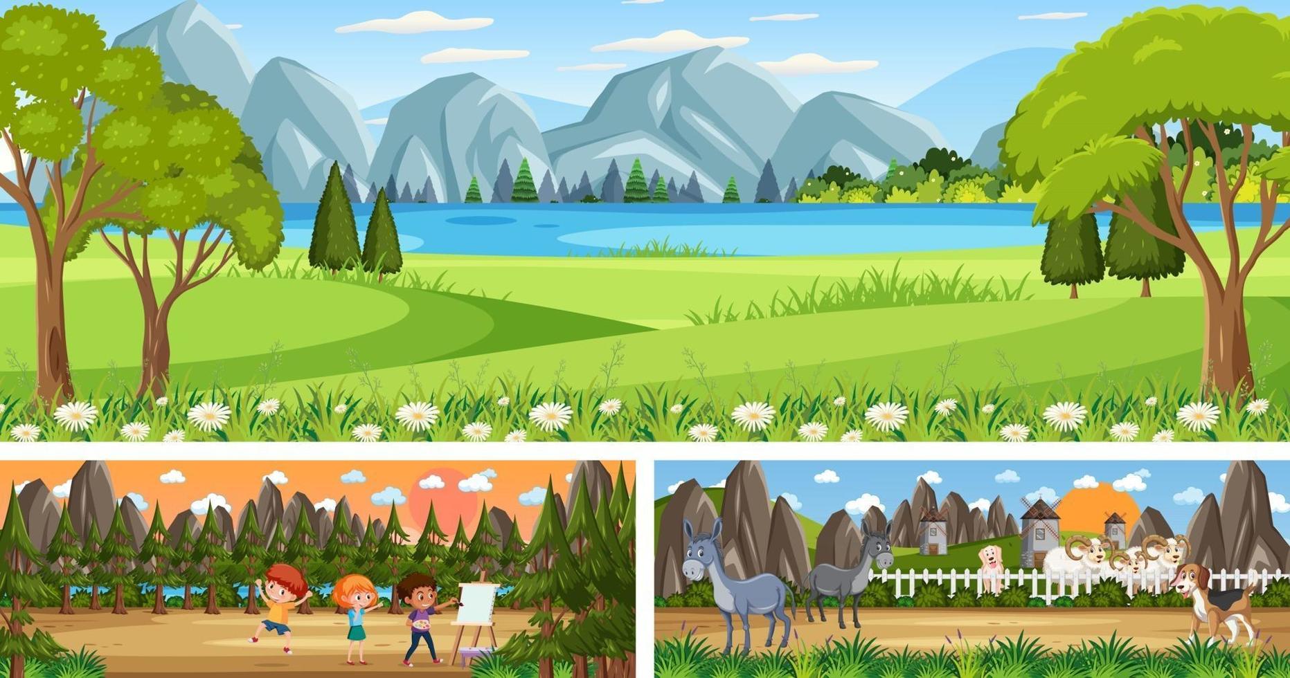 Set of outdoor panoramic landscape with cartoon character vector