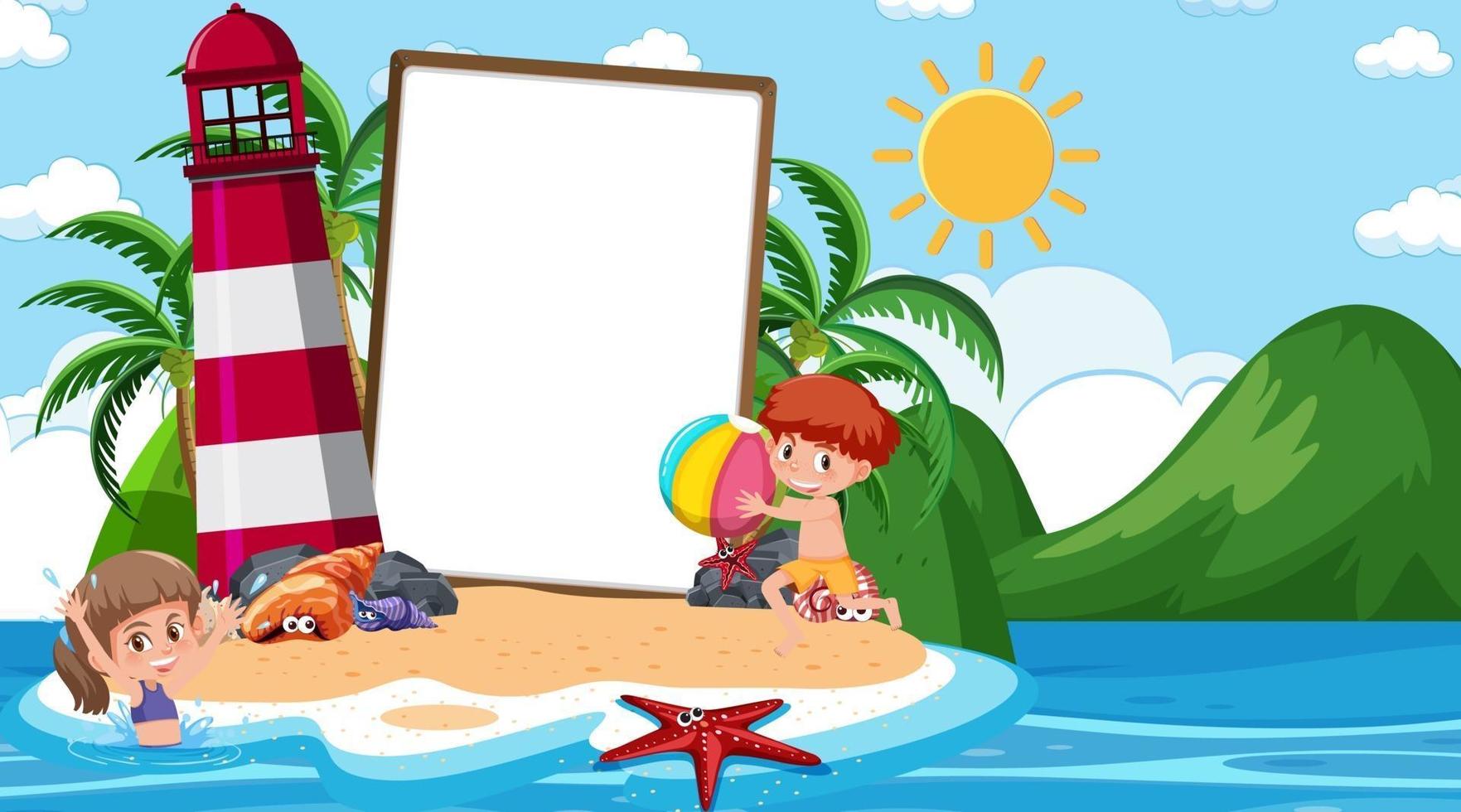 Plantilla de banner vacío con niños de vacaciones en la escena diurna de la playa vector