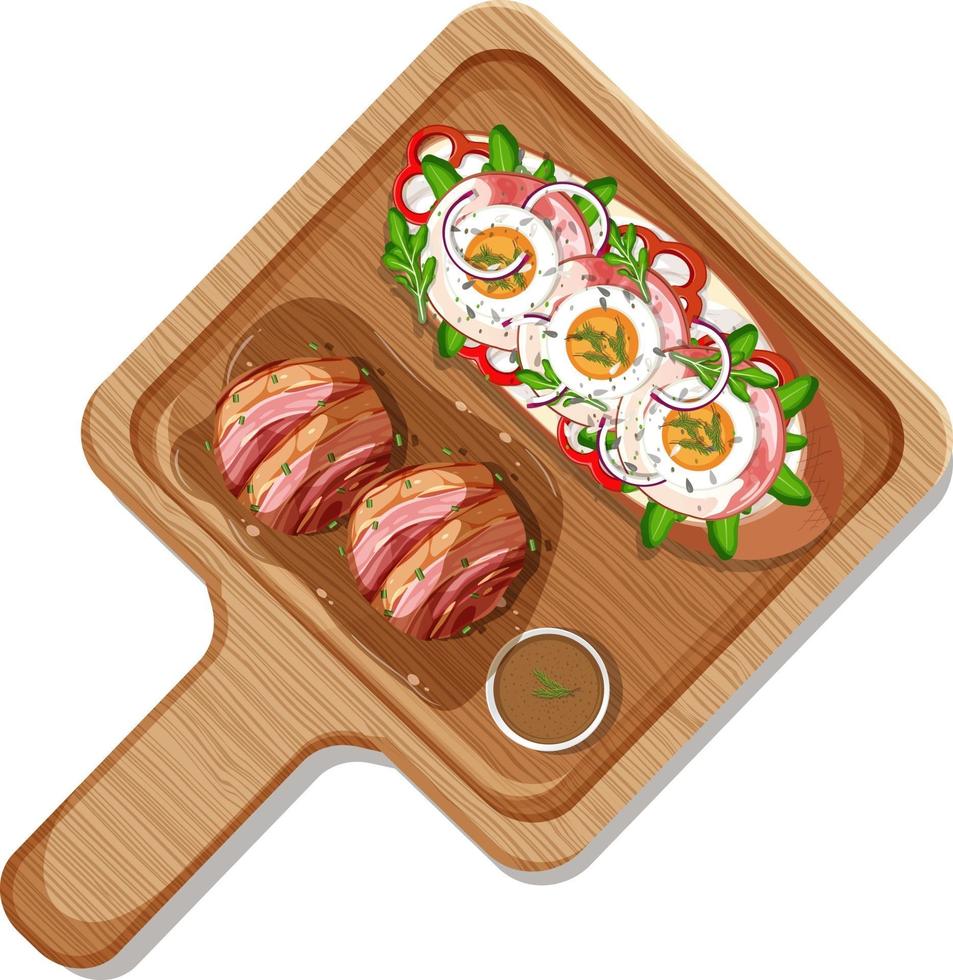 Top view of breakfast set in a dish in cartoon style isolated vector