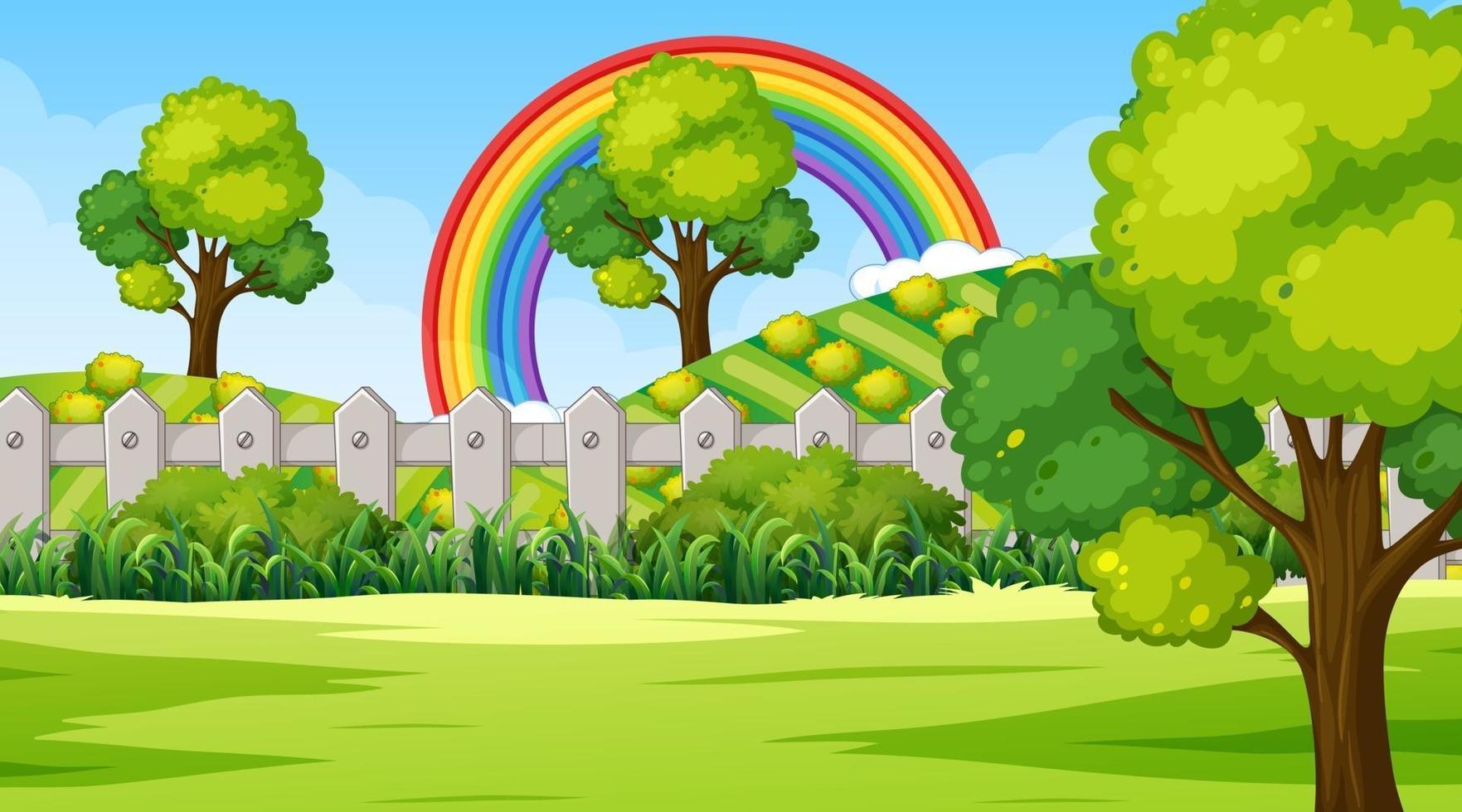 Fondo de escena de parque natural con arco iris en el cielo vector