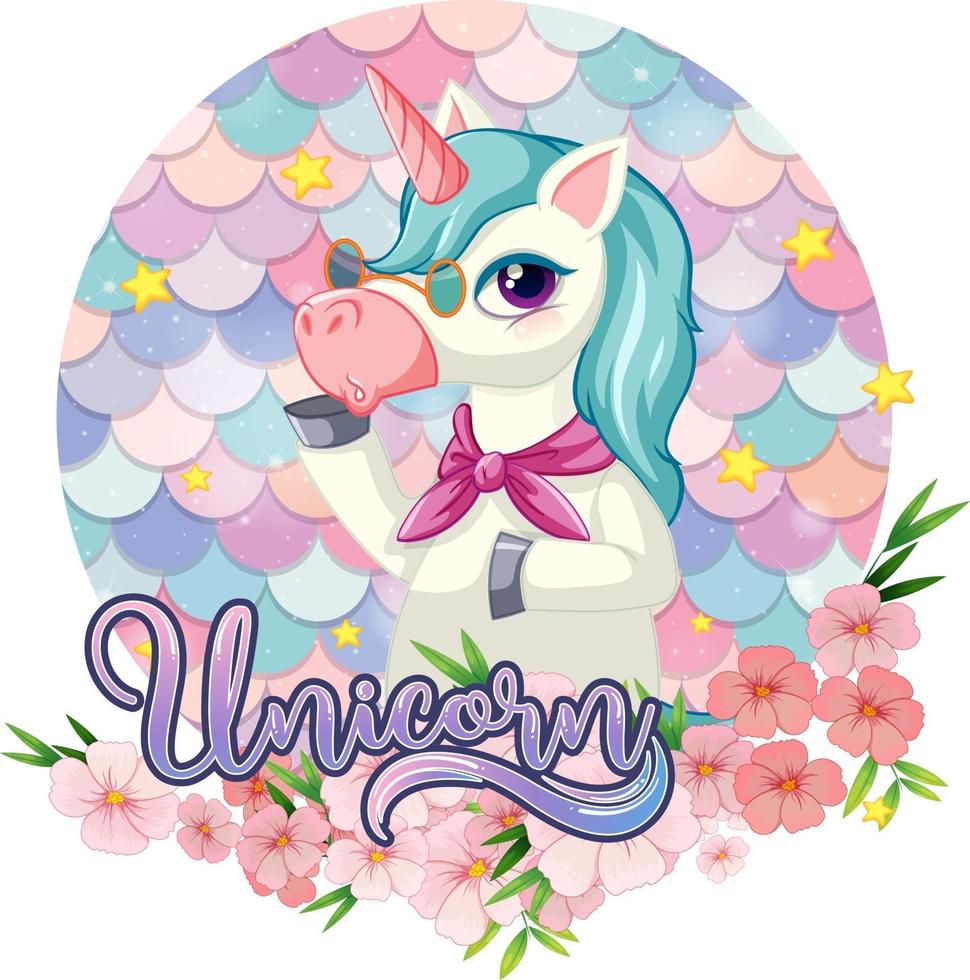 Lindo personaje de dibujos animados de unicornio sobre fondo de escalas pastel aislado vector