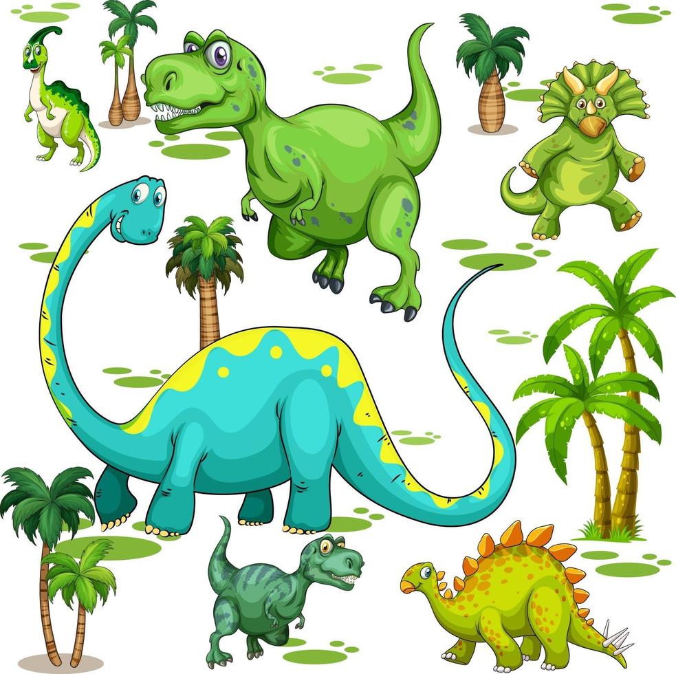 Conjunto de varios dinosaurios aislados personaje de dibujos animados sobre fondo blanco. vector