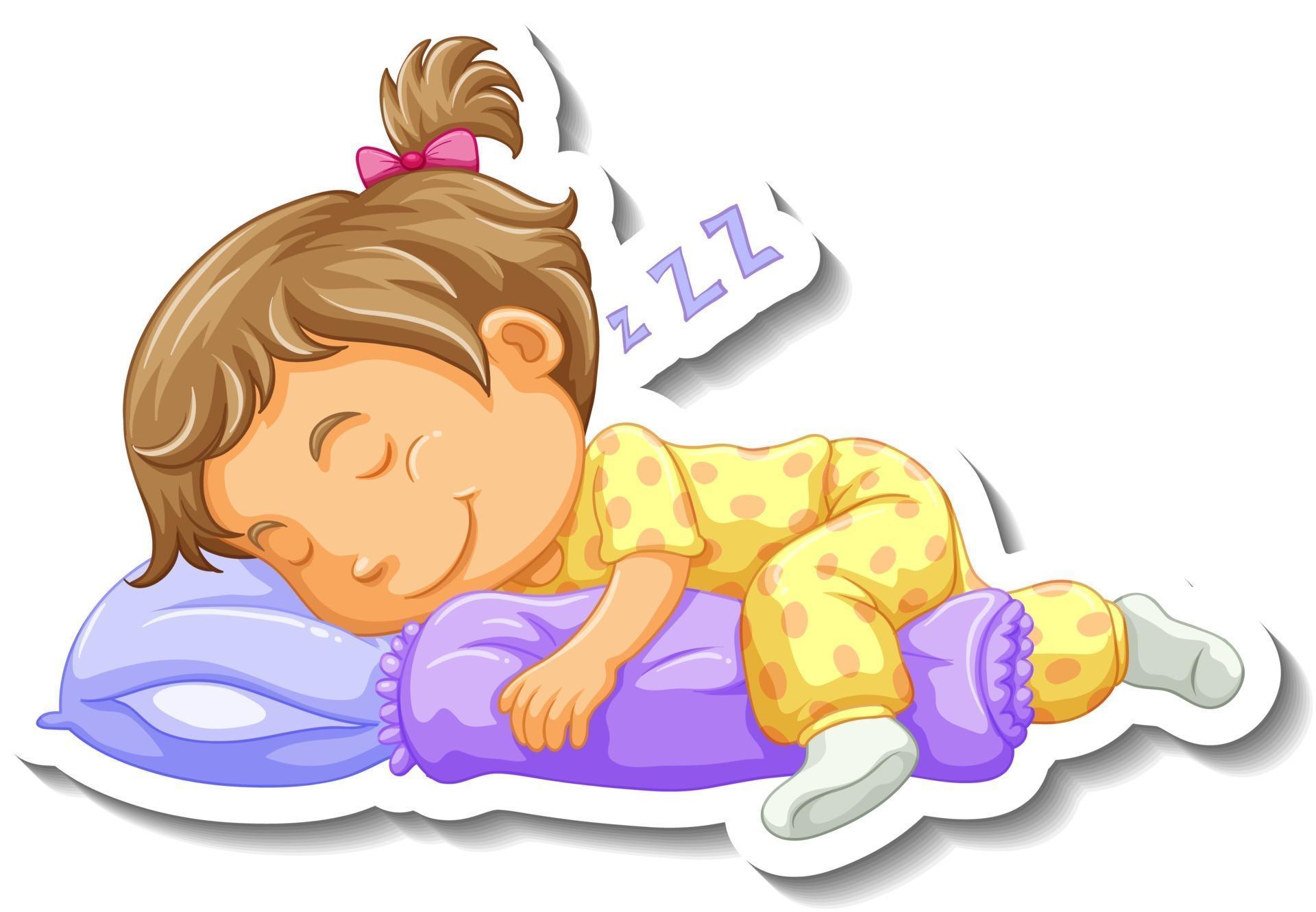 Sticker Template With A Little Girl Sleeping Cartoon Character Isolated.