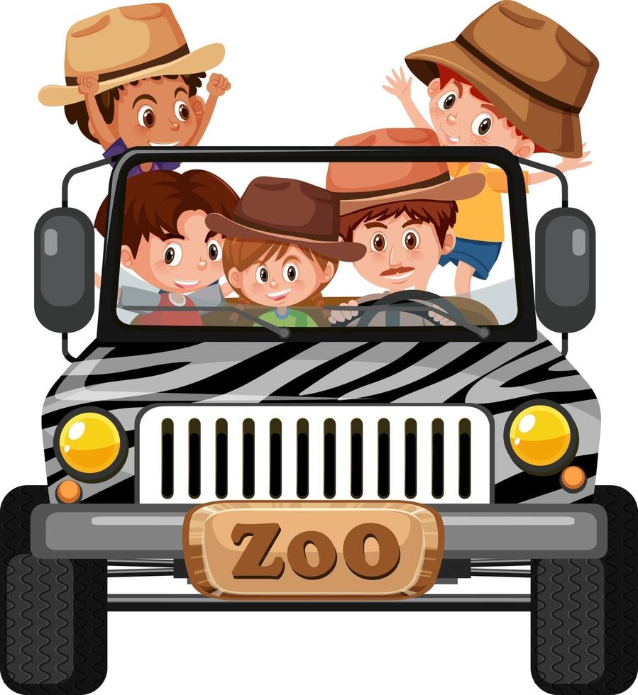 Concepto de zoológico con grupo de niños en el coche aislado sobre fondo blanco. vector