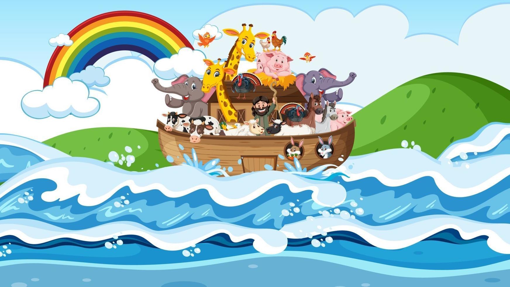 Animals on Noah's ark floating in the ocean scene vector