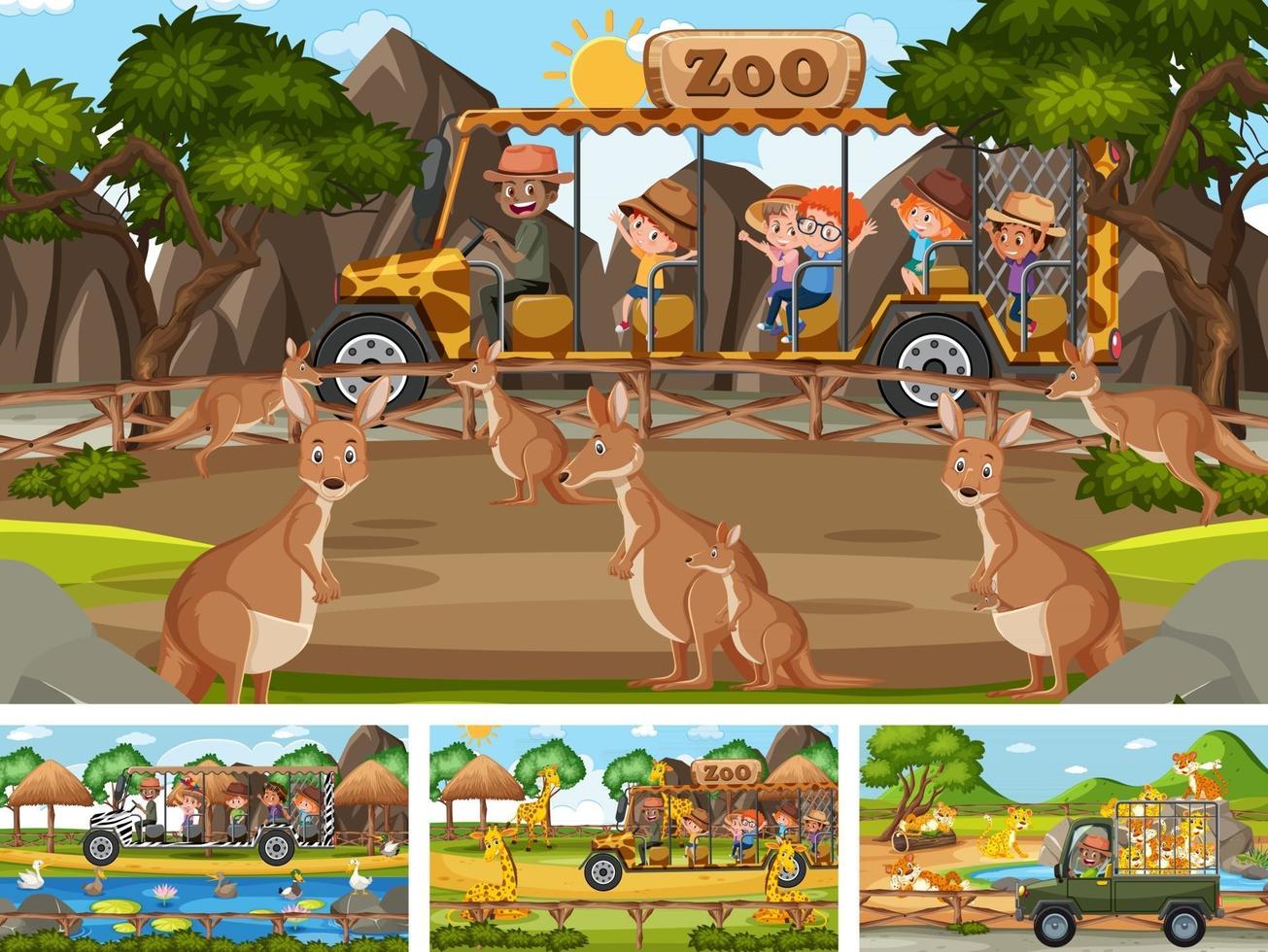 Cuatro escenas de zoológico diferentes con niños y animales. vector