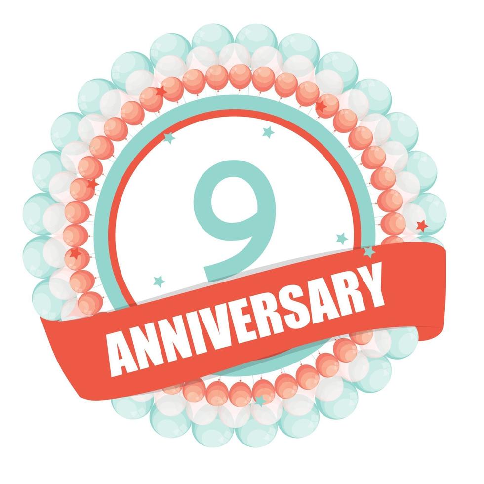 Cute Template 9 Years Anniversary with Balloons and Ribbon Vector Illustration