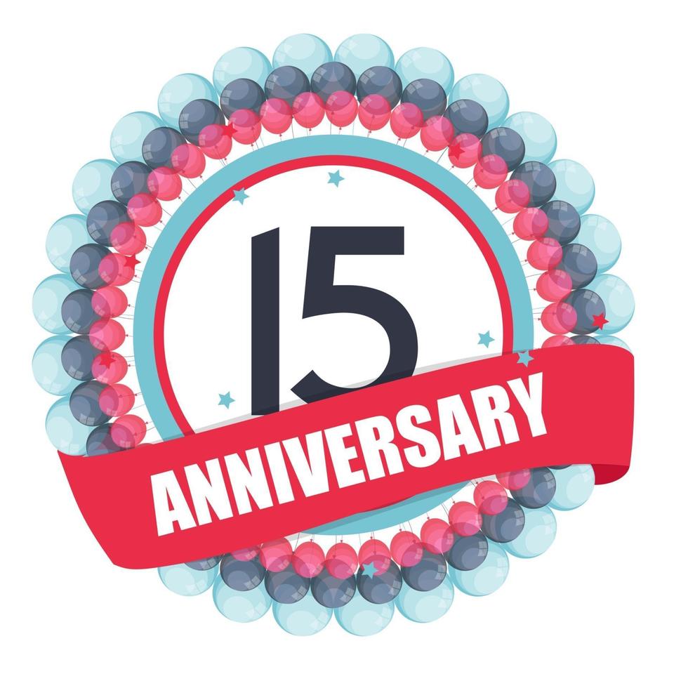 Cute Template 15 Years Anniversary with Balloons and Ribbon Vector Illustration