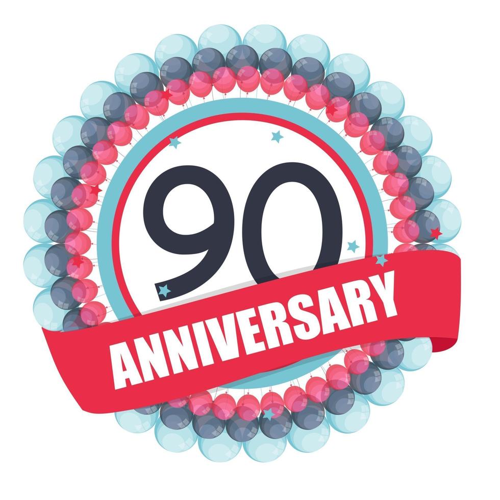 Cute Template 90 Years Anniversary with Balloons and Ribbon Vector Illustration