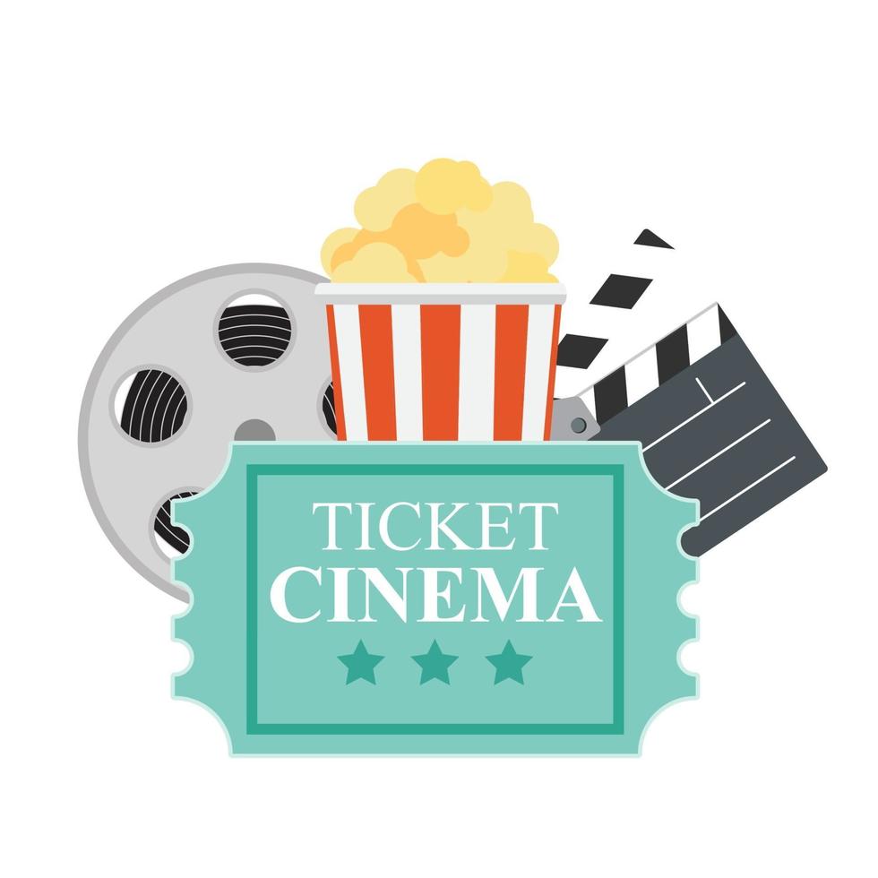 Abstract Cinema Flat Background with Reel, Old Style Ticket, Big Pop Corn and Clapper Symbol Icons. Vector Illustration