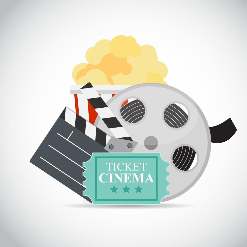 Abstract Cinema Flat Background with Reel, Old Style Ticket, Big Pop Corn and Clapper Symbol Icons vector