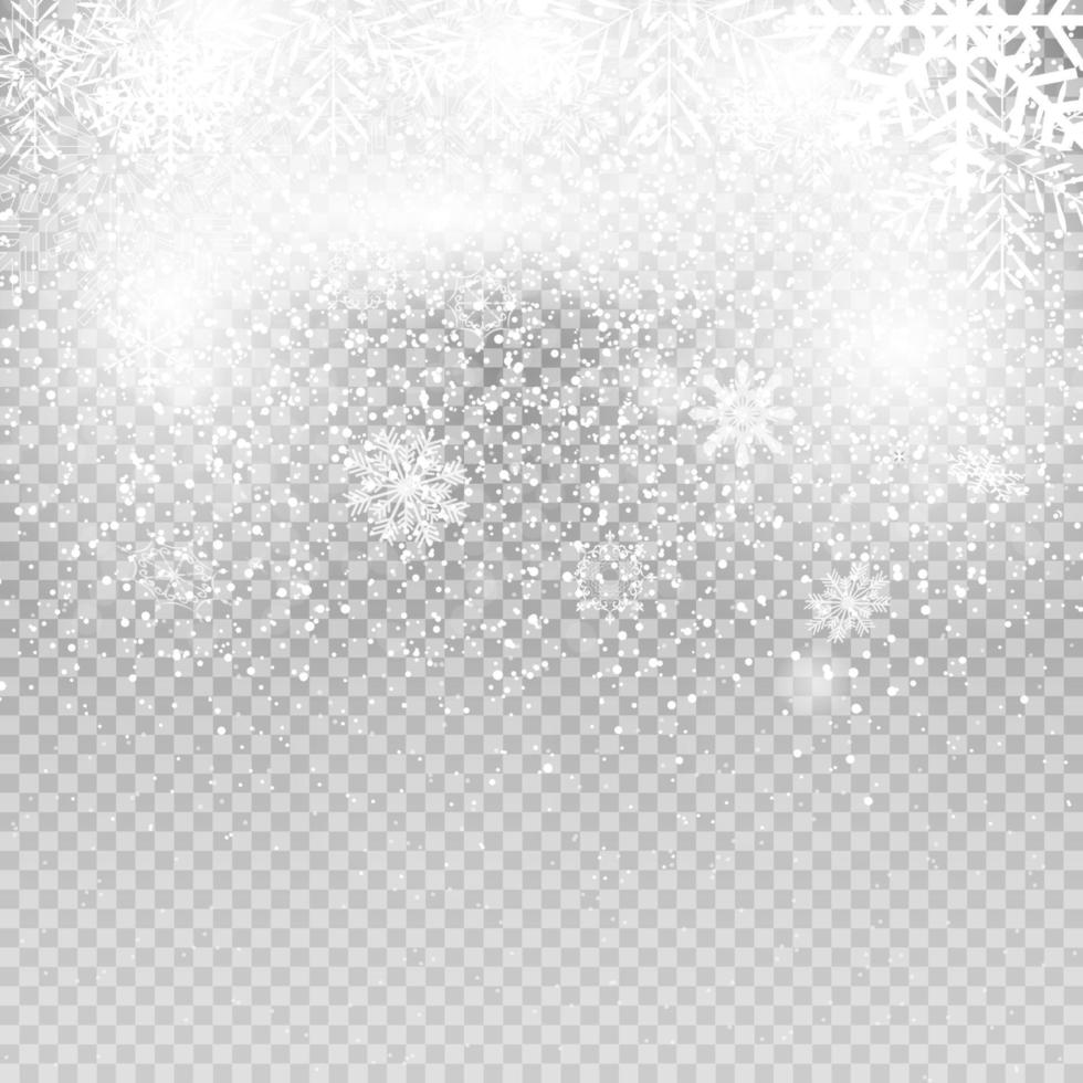 Falling Shining Snowflakes and Snow on Transparent Background. Christmas, Winter and New Year Background. Realistic Vector illustration for Your Design